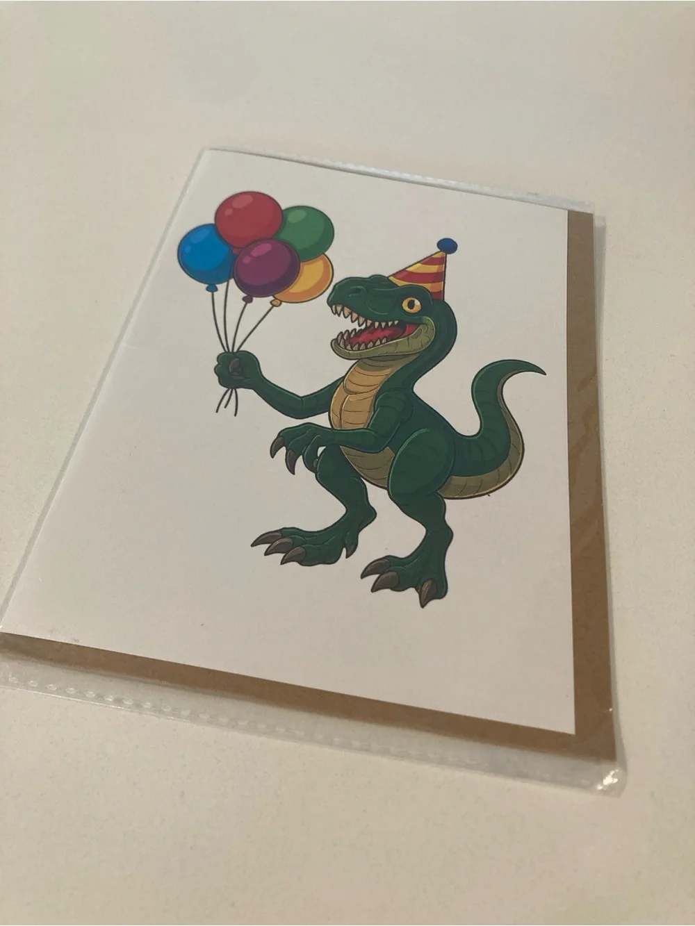 Birthday T-Rex Greeting Card - Green Dinosaur with Colorful Balloons